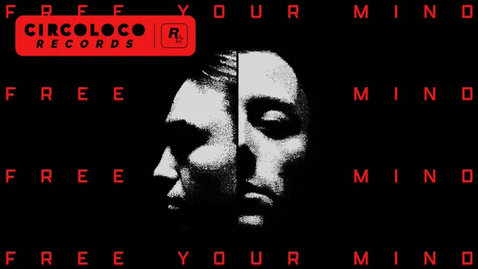 CircoLoco Records poster featuring two faces with a negative photo effect against black. Red repeating text reads: Free Your Mind.