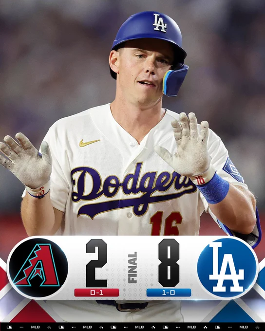 Final Score Graphic: 3/26/26:
Arizona Diamondbacks 2 (0-1), Los Angeles Dodgers 8 (1-0)

Pictured: Will Smith shows emotion rounding the bases after hitting a home run. He is wearing a white Dodgers uniform.
