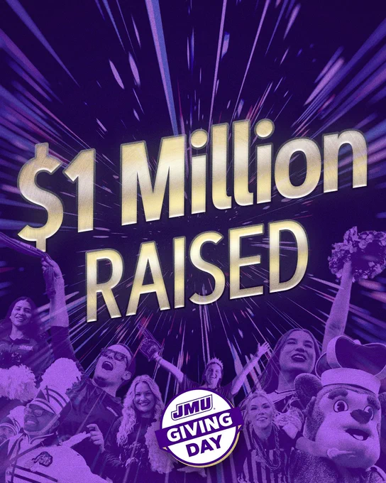 A graphic containing an image of people cheering with gold text that reads "$1 Million Raised" above the JMU Giving Day logo.