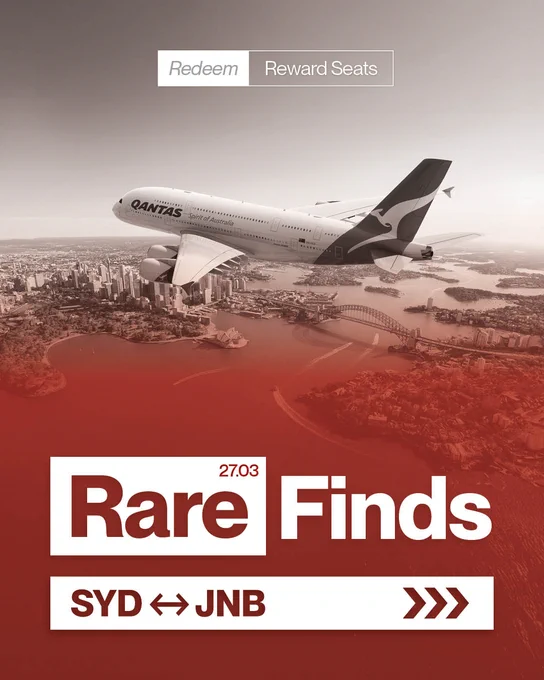A Qantas airplane flies over Sydney, with the cityscape and iconic Sydney Opera House and Harbour Bridge visible below. Text reads "Redeem Reward Seats" and "Rare Finds," with flight details "SYD ↔ JNB" and a date "27.03".