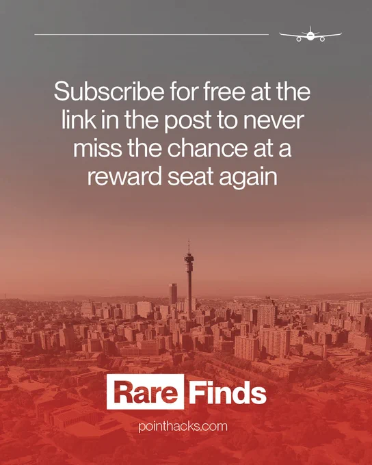 Aerial view of a city skyline with a prominent tower in the center. Text at the top reads, "Subscribe for free at the link in the post to never miss the chance at a reward seat again." At the bottom, a logo says "Rare Finds" followed by "pointhacks.com". The image has a reddish filter.