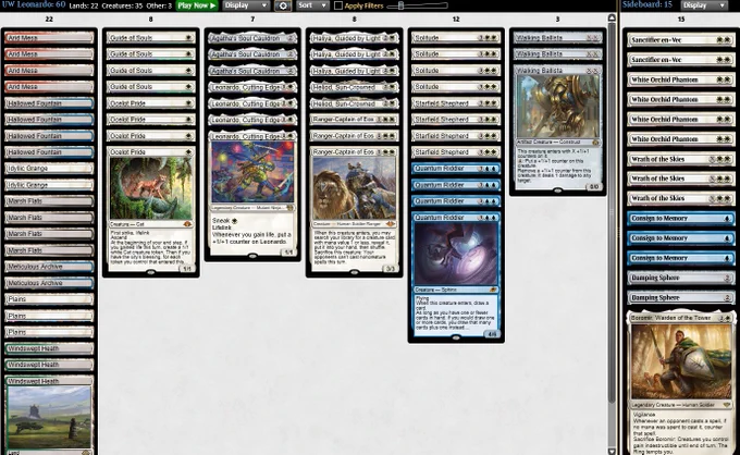 4 Hallowed Fountain
4 Arid Mesa
4 Guide of Souls
3 Haliya, Guided by Light
4 Leonardo, Cutting Edge
2 Heliod, Sun-Crowned
2 Idyllic Grange
4 Ocelot Pride
4 Marsh Flats
2 Meticulous Archive
3 Windswept Heath
3 Plains
4 Quantum Riddler
3 Ranger-Captain of Eos
4 Solitude
4 Starfield Shepherd
3 Walking Ballista
3 Agatha's Soul Cauldron

1 Boromir, Warden of the Tower
3 Consign to Memory
2 Sanctifier en-Vec
4 White Orchid Phantom
3 Wrath of the Skies
2 Damping Sphere