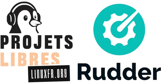  Logo combiné de deux projets :
À gauche, le logo des "Projets Libres" de linuxfr.org :

Un manchot stylisé portant un casque audio noir, avec le texte "PROJETS" en noir, "LIBRES" en orange, et l'URL "LINUXFR.ORG" en noir sous le texte.
À droite, le logo de Rudder :

Un engrenage bleu turquoise avec une aiguille blanche intégrée, suivi du nom "Rudder" en noir.
