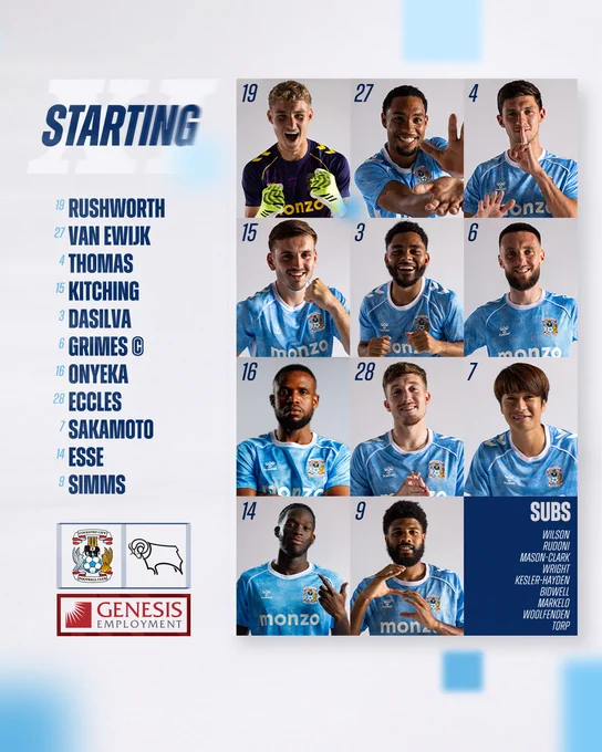 Starting XI: Rushworth, van Ewijk, Thomas, Kitching, Dasilva, Grimes, Onyeka, Eccles, Sakamoto, Esse, Simms.

Subs: Wilson, Rudoni, Mason-Clark, Wright, Kesler-Hayden, Bidwell, Markelo, Woolfenden, Torp.