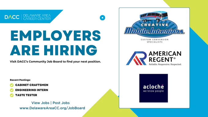 Employers are hiring - DACC Community Job Board info, Creative opportunities, American Regent and Acloche logos.