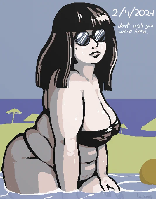 Vegas, a plus-sized, pale woman with black hair, enjoys her time at the beach. A caption on top reads "don't wish you were here". 