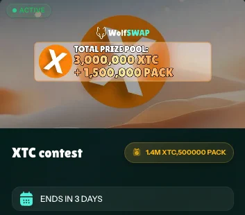 Details of a trading contest on WolfSWAP, featuring a prize pool of 3,000,000 XTC and ending in 3 days.