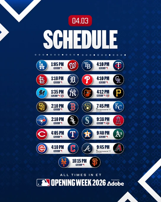 April 3rd Schedule
All times ET
Dodgers vs. Nationals, 1:05 PM, MLB.TV
Cardinals vs. Tigers, 1:10 PM, MLB.TV
Marlins vs. Yankees, 1:35 PM, MLB.TV, MLB Network
Padres vs. Red Sox, 2:10 PM, MLB.TV
Blue Jays vs. White Sox, 2:10 PM, MLB.TV
Reds vs. Rangers, 4:05 PM, MLB.TV
Cubs vs. Guardians, 4:10 PM, MLB.TV
Rays vs. Twins, 4:10 PM, MLB.TV
Phillies vs. Rockies, 4:10 PM, MLB.TV
Orioles vs. Pirates, 4:12 PM, MLB.TV, MLB Network
Brewers vs. Royals, 7:45 PM, Apple TV Friday Night Baseball
Mariners vs. Angels, 9:38 PM, MLB.TV, MLB Network
Astros vs. A's, 9:40 PM, MLB.TV
Braves vs. D-backs, 9:45 PM, Apple TV Friday Night Baseball
Mets vs. Giants, 10:15 PM, MLB.TV
Opening Week presented by Adobe