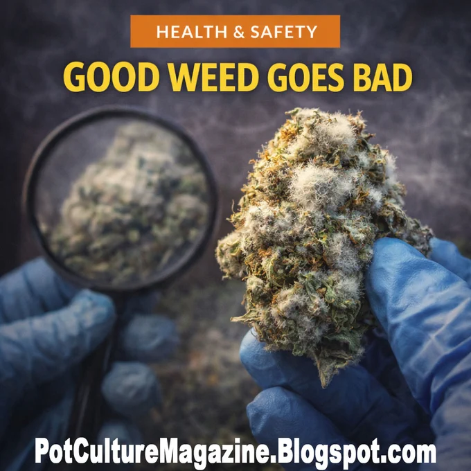 Feature image labeled “HEALTH & SAFETY” with the headline “GOOD WEED GOES BAD,” showing a gloved hand holding a cannabis bud covered in visible mold while another hand examines it with a magnifying glass, with PotCultureMagazine.Blogspot.com at the bottom.