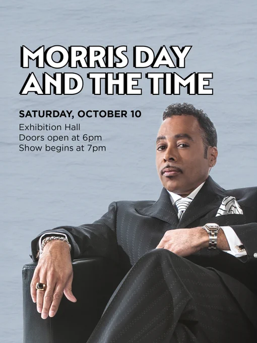 Concert poster for Morris Day and The Time. It includes event details: "Saturday, October 10, Exhibition Hall. Doors open at 6pm, Show begins at 7pm.