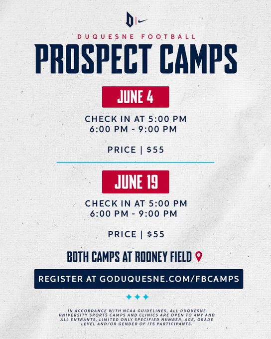 Graphic of Duquesne Football prospect camps. Two camps dates are listed: June 4 and June 19. Both camps have check-in at 5:00 PM and run from 6:00 PM to 9:00 PM. Price is $55 per session. Location is Rooney Field. A registration link is provided: goduquesne.com/fbcamps.