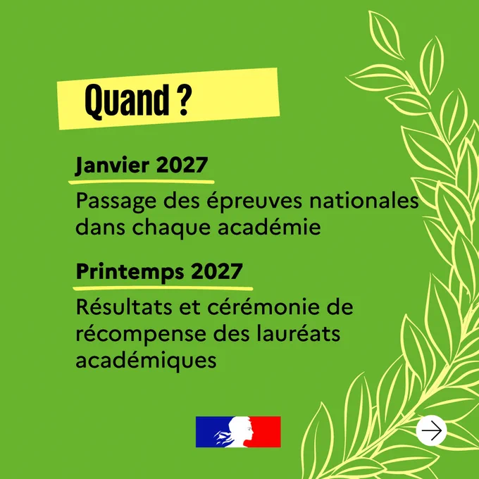 
Quand ? Janvier 2027 : passage des épreuves nationales dans chaque académie. Printemps 2027 : résultats et cérémonie de récompense des lauréats académiques.