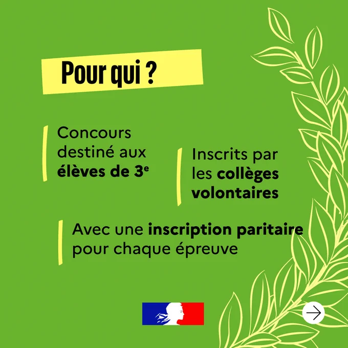 Pour qui ? Concours destiné aux élèves de 3e. Inscrits par les collèges volontaires avec une inscription paritaire pour chaque épreuve.