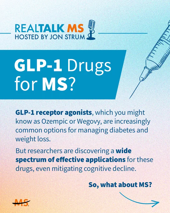 This image is a promotional graphic for the "RealTalk MS" podcast hosted by Jon Strum. It discusses GLP-1 drugs for MS, mentioning that GLP-1 receptor agonists, like Ozempic or Wegovy, are commonly used for diabetes and weight loss but may have broader applications, including cognitive decline mitigation. A syringe illustration is included.