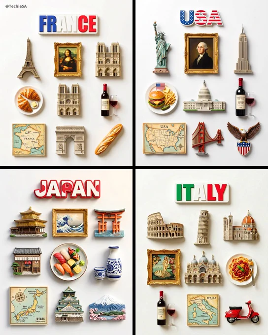 A flat-lay collection of exactly 9 hyper-realistic 3D resin fridge magnets arranged on a plain matte white surface, themed around [COUNTRY]. At the very top center, a wide rectangular text magnet spells "COUNTRY" in bold 3D block letters colored in the nation's flag colors. Below it, 8 magnets are arranged in a loose 3-column grid: 3 iconic architectural landmarks as highly detailed sculpted miniature reliefs (cathedrals, towers, castles, monuments), 1 famous painting or portrait reproduced inside a gold ornate picture frame magnet, 1 traditional food dish and 1 drink (wine bottle   glass, or beer stein, etc.) as glossy ceramic sculpted magnets, 1 illustrated vintage-style map magnet of the country with city markers, and 1 additional cultural symbol or landmark. Each magnet has a slightly raised 3D sculpted look with soft drop shadows on the white surface beneath. Warm studio lighting from above, photorealistic product render, perfectly clean white background, top-down flat-lay angle.