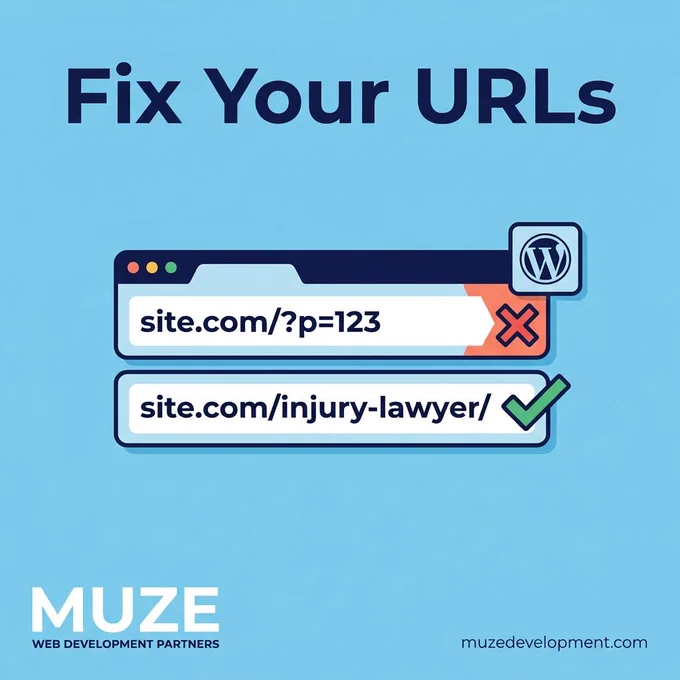Flat illustration showing two URL bars - top one with site.com/?p=123 and red X, bottom with site.com/injury-lawyer/ and green checkmark. Text reads Fix Your URLs.