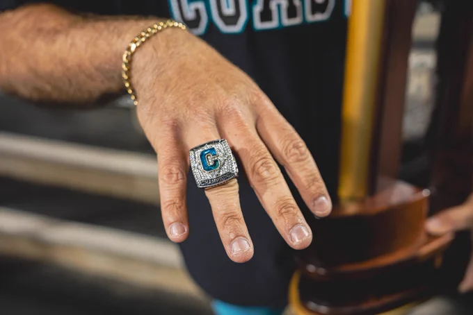Close up of 2016 CCU baseball championship ring