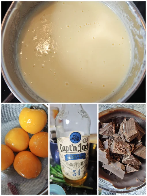 Collage aus Fotos der Zutaten für das Rezept für eine Torte, die "Rumbombe" heißt. Auf den Fotos sieht man Dosenpfirsiche, eine Flasche Rum und kleingehackte Kuvertüre.
