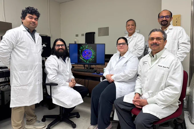 UIC researchers repurposed the cancer drug doxorubicin to treat herpes. Standing (from left): Sudhanshu Singh, Xiang Shen and Chandrashekhar Patil. Sitting (from left): Pankaj Sharma, Divya Kapoor and Deepak Shukla. (Photo: Deepak Shukla)