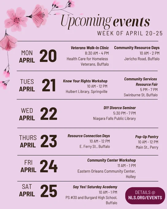 Upcoming events calendar for the week of April 20-25 on pink background with cherry blossom decor. Details at nls.org/events . Monday April 20: Veterans Walk-In Clinic, 8:30 AM - 4 PM, Health Care for Homeless Veterans, Buffalo and Community Resource Days, 10 AM - 2 PM, Jericho Road, Buffalo. Tuesday April 21: Know Your Rights Workshop, 10 AM - 12 PM, Hulbert Library, Springville and Community Services , Resource Fair, 5 PM - 7 PM, Swinburne St, Buffalo. Wednesday April 22: DIY Divorce Seminar, 5:30 PM - 7 PM, Niagara Falls Public Library. Thursday April 23: Resource Connection Days, 10 AM - 12 PM, E. Ferry St., Buffalo and Pop-Up Pantry, 10 AM - 12 PM, Main St., Perry. Friday April 24: Community Center Workshop
11 AM - 1 PM, Eastern Orleans Community Center, Holley. Saturday April 25: Say Yes! Saturday Academy, 10 AM - 1 PM, PS #30 and Burgard High School, Buffalo.