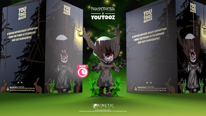 A promotional image for the YouTooz and Phasmophobia collaboration - a miniature figure of the in-game Forest Spirit from Cursed Hollow.