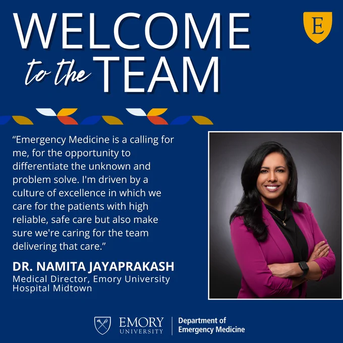 Dr. Namita Jayaprakash is the new Medical Director for the Emory EM Midtown team.