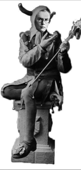 Illustration featuring a photo of James Branch Cabell dressed up in a silly, jester-looking costume.