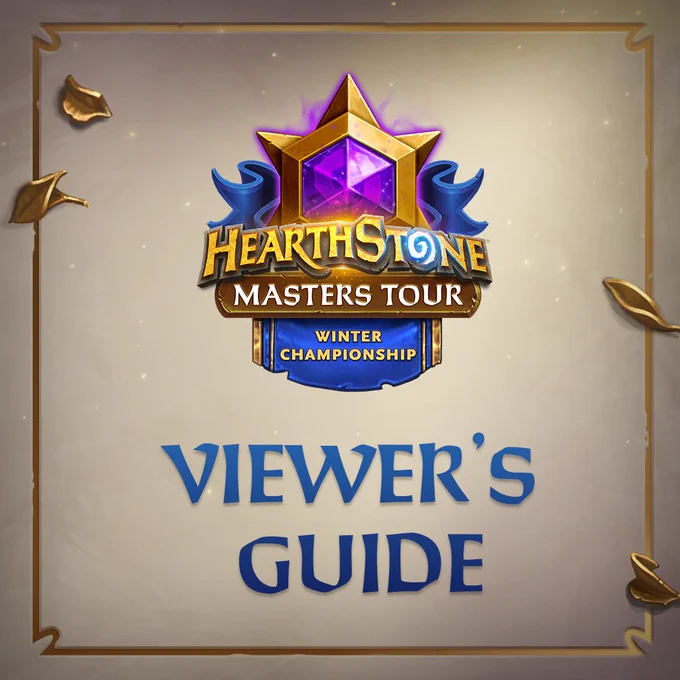 Logo for Hearthstone Masters Tour Winter Championship. Text reads: Hearthstone Masters Tour Winter Championship Viewer's Guide. The logo includes a gold star with a purple gem inside, set against a parchment background with scattered gold leaves.