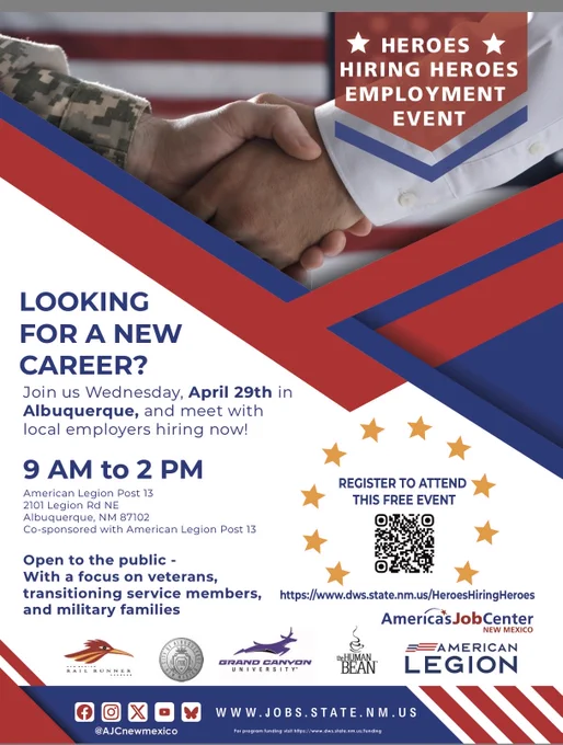 🇺🇸 We’re excited to announce the 11th Annual Heroes Hiring Heroes Veteran’s employment event on April 29th in Albuquerque at American Legion Post 13 from 9 AM to 2 PM. This event is open to the public. Non- veterans welcome
