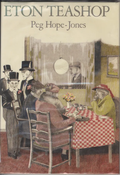 Illustration of three ladies sat a table with a red and white check cloth, there are three boys in Eton School uniform on the left and a man passing on the other side of a window.