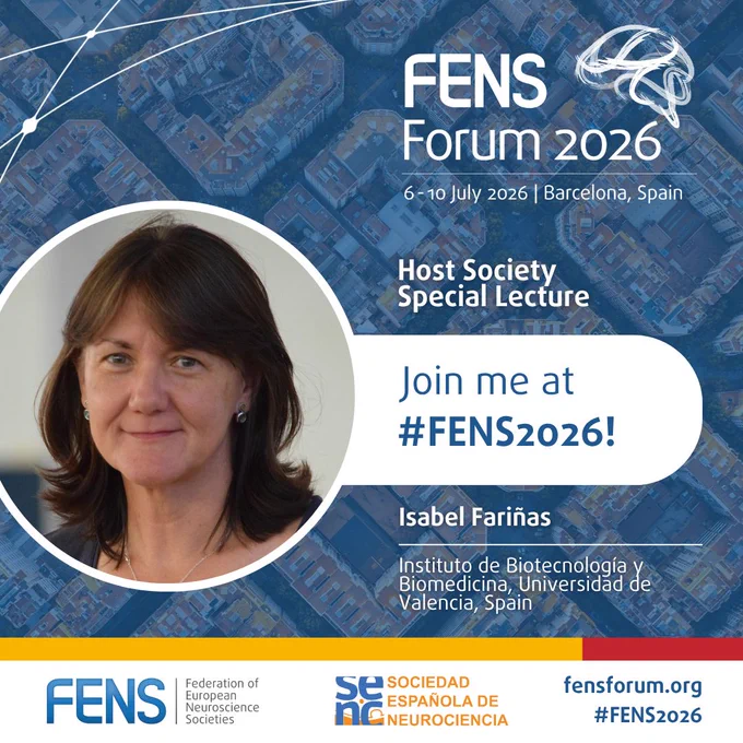  🇪🇸 Isabel Fariñas | Host Society Special Lecture

🌟 At #FENS2026, don’t miss the Host Society Special Lecture by Prof. Isabel Fariñas, Universitat de València, on 8 July!

🔬 Prof. Fariñas is a leader of the Molecular Neurobiology Lab and part of the Center for Biomedical Research in Network on Neurodegenerative Diseases! Her research focuses on neural stem cell quiescence, supported by major funding including an ERC Advanced Grant in 2023.

🏆 She is an EMBO member, former president of the Life Sciences panel of the Spanish Granting Agency and recipient of the 2024 National Research Award.

Meet all the speakers 👉 https://buff.ly/wQ8V4Ha 