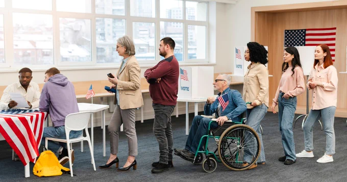 photo of people in line to vote, person in middle is in a wheelchair
