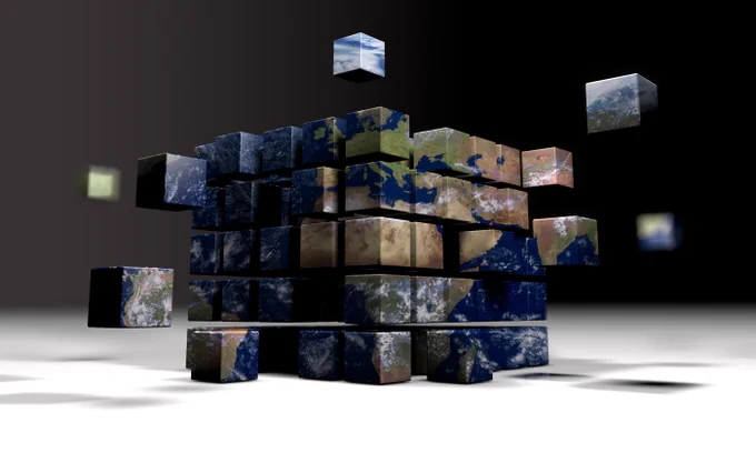An abstract colour image showing a globe of the earth divided into a series of separate cubes, which would fit together, to present an overall image.
