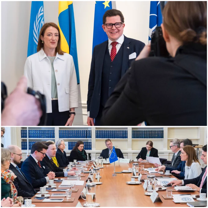 The President of the European Parliament Roberta Metsola welcomed at the Swedish Parliament by Speaker Andreas Norlén, in Stockholm, Sweden.