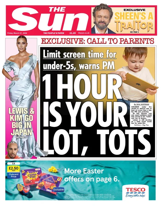 Front page of The Sun, covering new screen time guidance.