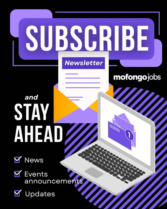 Promotional graphic for MofongoJobs newsletter featuring bold “Subscribe” text, an envelope with a newsletter, and a laptop illustration. Includes text “Stay Ahead” and highlights news, events announcements, and updates.
