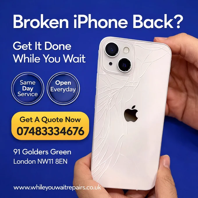 Broken iPhone Back? Get It Done While You Wait!

Is your iPhone's back glass cracked or shattered? Don't let a broken phone slow you down! At While You Wait Repairs, we specialize in fast, reliable iPhone back glass repairs.

✨ Same Day Service - Get your iPhone looking new again, quickly!
🗓️ Open Everyday - We're here when you need us, 7 days a week.

Why choose While You Wait Repairs?
•Expert technicians
•High-quality parts
•Convenient location

📍 Visit us today:
91 Golders Green
London NW11 8EN