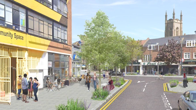 Digital generated image of the new public realm proposal with greenery