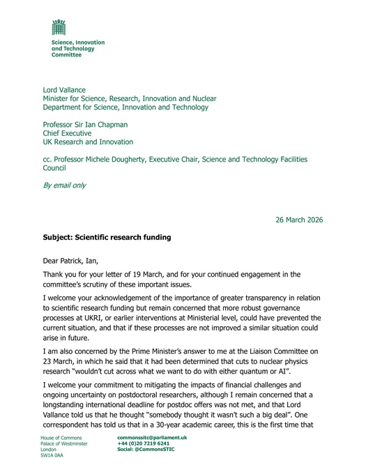 Screenshot of letter from SITC chair Chi Onwurah to Lord Vallance and UKRI dated 26th March 2026