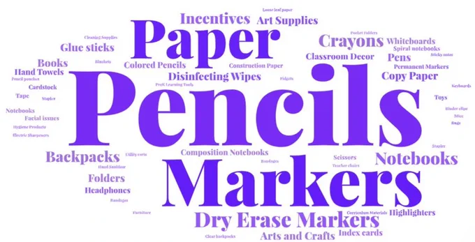 Word cloud featuring school supplies like pencils, markers, paper, notebooks, and crayons in various sizes and shades of purple.
