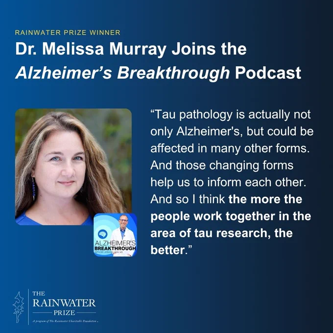 Rainwater Prize winner Dr. Melissa Murray on the Alzheimer's Breakthrough podcast: “Tau pathology is actually not only Alzheimer's, but could be affected in many other forms. And those changing forms help us to inform each other. And so I think the more the people work together in the area of tau research, the better.”