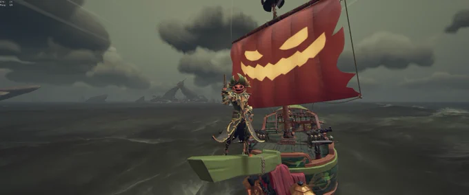 A sea of theives pirate in the jack-o-looter costume and fell ship set juggling a wooden steak throwing knife 