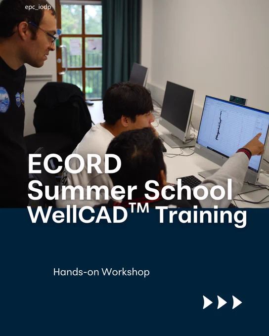 Participants gathered around a computer during a WellCAD™ training session at the ECORD Summer School, with one person pointing to a log display on the screen. Photo credit: Erwan Le Ber.