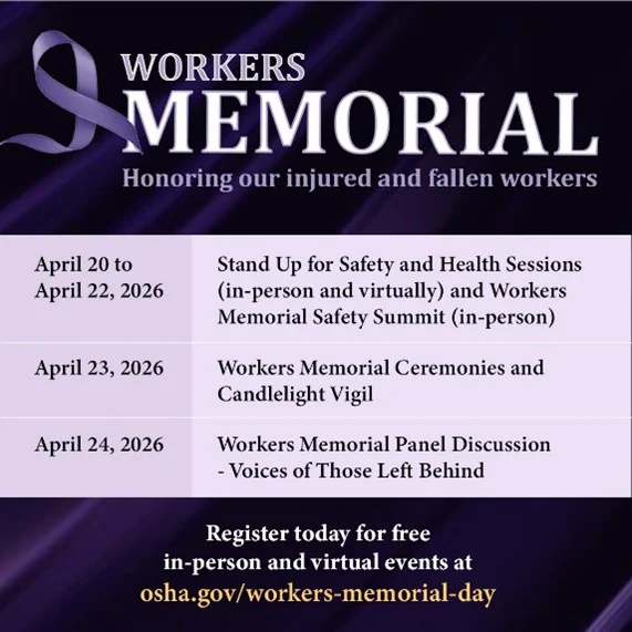 A purple-themed promotional image for Workers' Memorial events. It features a schedule: April 20-22, 2026 for safety and health sessions and the Workers Memorial Safety Summit; April 23, 2026 for ceremonies and a candlelight vigil; and April 24, 2026 for a panel discussion. The image invites users to register for free at osha.gov/workers-memorial-day.