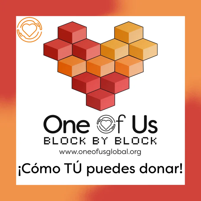 Este grafico tiene un gradiente rojo y naranja como fondo. Un cuadro blanco cubre la mayor parte del centro del gráfico. El logo de One of Us, un corazón rodeado por un par de manos está en la parte superior derecha. En el centro del cuadro hay un gran corazón hecho de cuadrados de color rojo y naranja. Debajo de este está el texto, "One of Us Block by Block ww.oneofusglobal.org. ¡Como TÚ puedes DONAR!" La "o" en el "of" del primer One of Us es remplazada por el logo.
