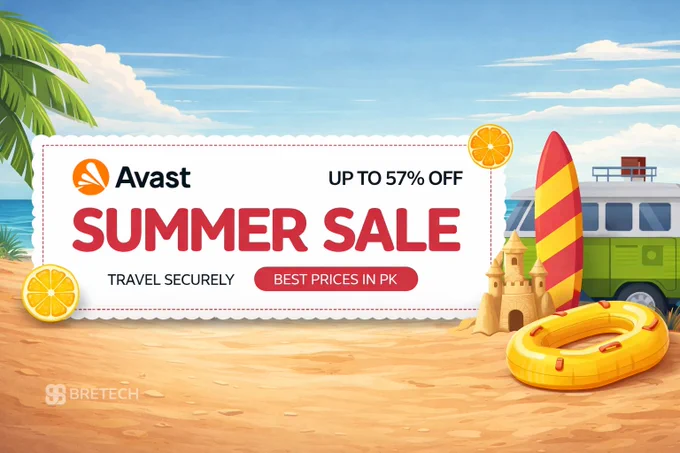 This is a high-quality promotional graphic for Avast's seasonal security sale. The design uses a summer travel theme to highlight the importance of digital protection while on the go.

Primary Offer: A bold white center-plate announcing a Summer Sale with savings of up to 57% off on Avast security products.

Key Messaging: The tagline "Travel Securely" positions the software as a must-have for summer vacations, paired with a localized "Best Prices in PK" badge.

Visual Composition: A vibrant 3D-style illustration of a sunny beach featuring a classic green camper van, a red and yellow surfboard, a sandcastle, and a yellow inflatable tube.

Branding: Features the Avast logo prominently at the top left of the main banner and a Bretech mark in the lower-left corner.