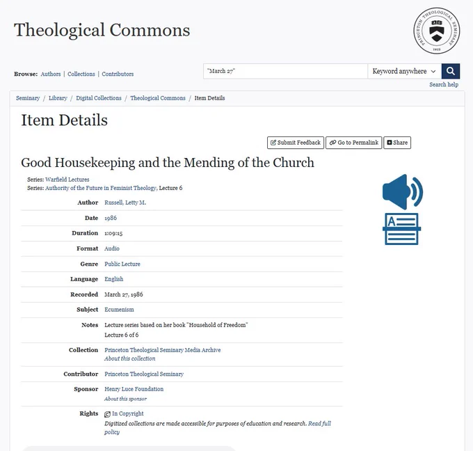 screen snip of the Item Details page in the Theological Commons digital library for the lecture by Letty M. Russell highlighted in this post