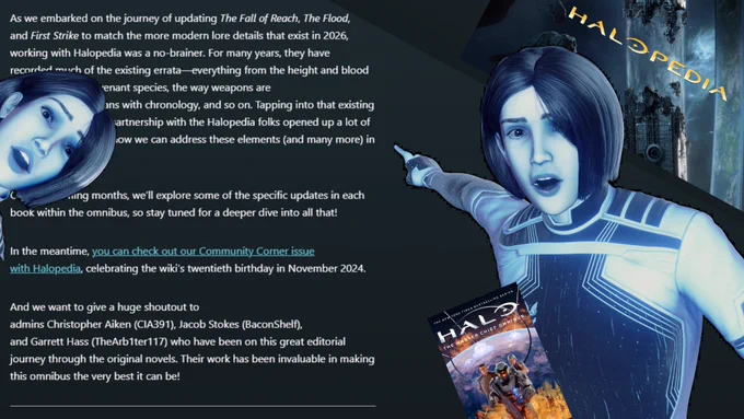 An edited screenshot from the latest Canon Fodder blog post revealing Halopedia's involvement in Halo: The Master Chief Omnibus.

Credit to @AbiSV1 for the amazing Joyeuse meme used in the image.
