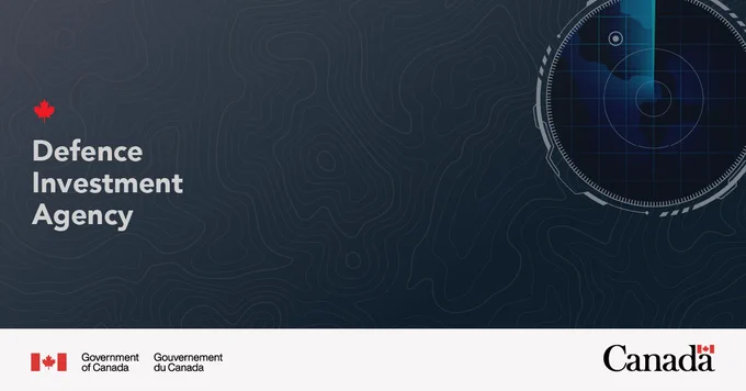 Dark blue background with contour lines and a radar graphic, featuring the text 'Defence Investment Agency' and Canadian government logos.