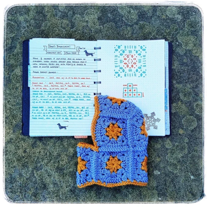 The crochet pattern recipe, handwritten in an open notebook - please do visit the free crochet gallery over on the Kofi (link in bio) for more pictures as ever!